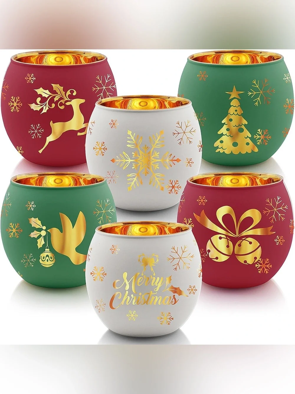 Christmas Votive Candle Holder Set of 6, Red Green White Glass NWT